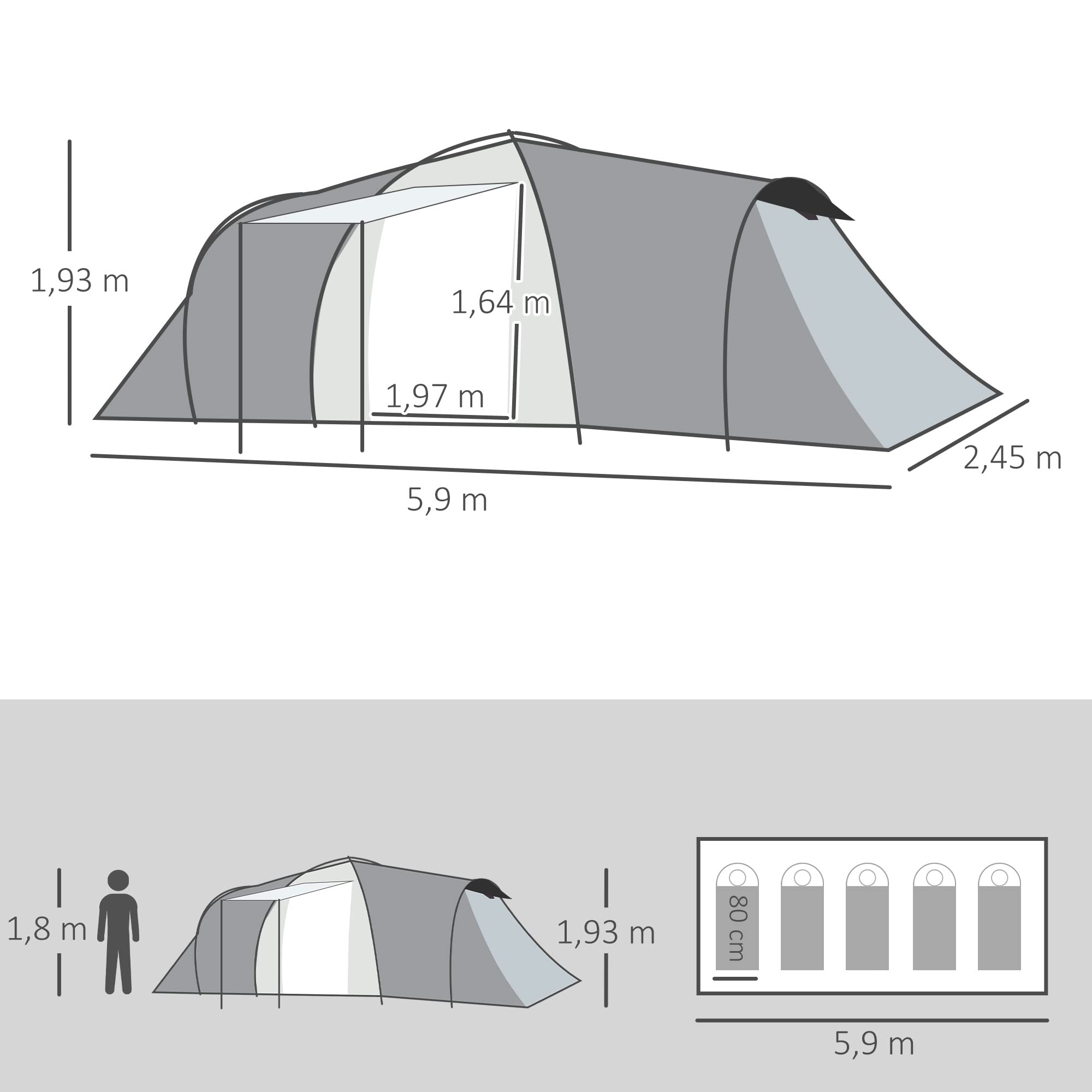 Outsunny Tienda de Campaña Familiar para 4-6 Personas Tienda de Camping Plegable Ligero con 2 Ventanas y Bolsa de Transporte Impermeable Anti-UV para Senderismo 590x245x193 cm Gris