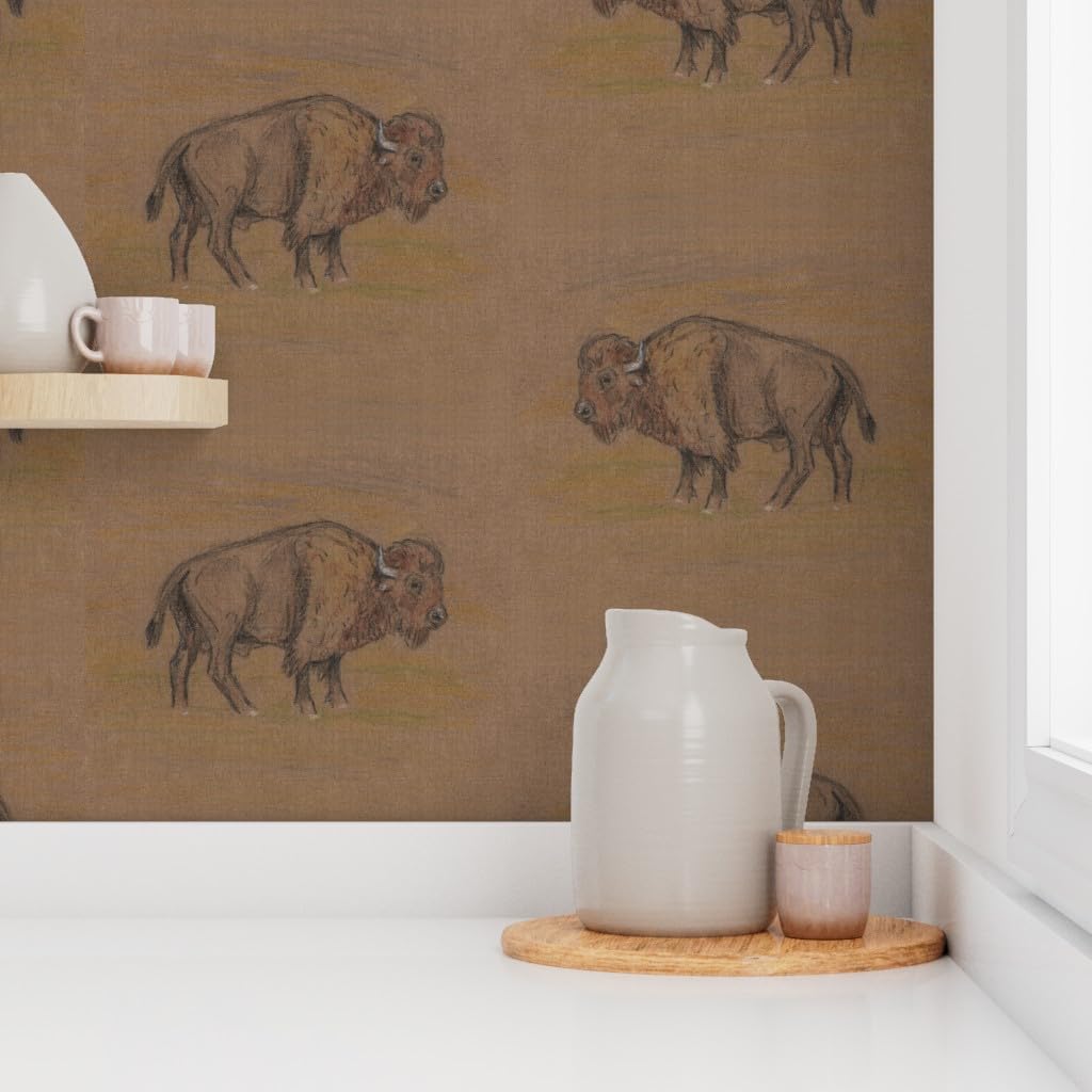 Removable Wallpaper 6ft x 2ft - Bison Buffalo Western Cattle Brown Custom Pre-Pasted Wallpaper by Spoonflower