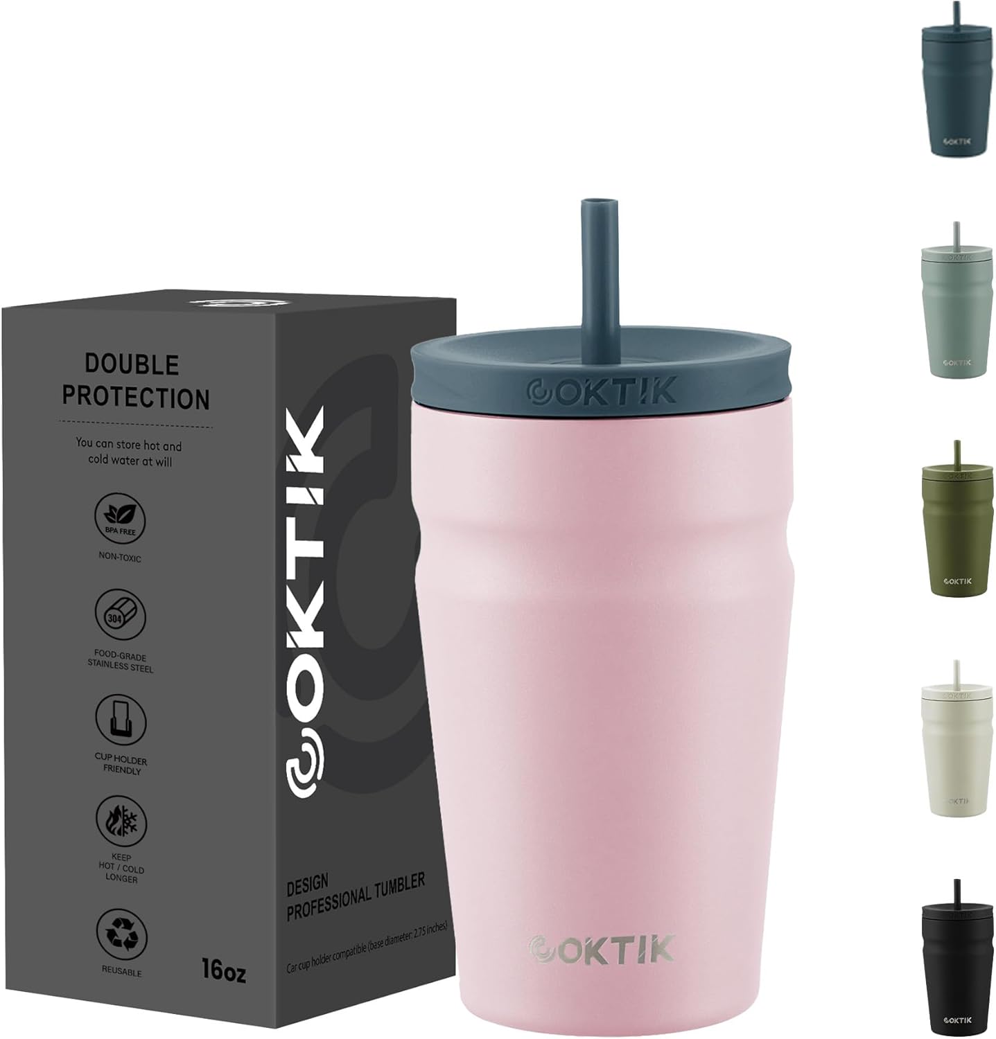 COKTIK 16oz Insulated Tumbler with Lid and Straw Iced Coffee Cup Reusable Stainless Steel Travel Mug Water Bottle Cupholder Friendly for Women Men Her Him (Blush)