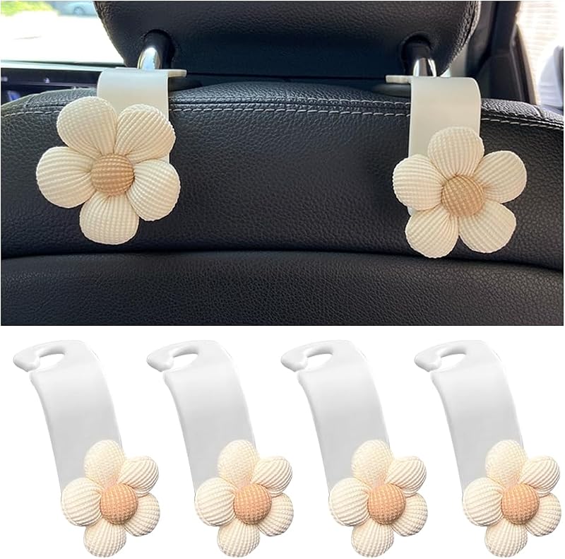 Kit com 4 ganchos de encosto de banco para carro KHGUZ com design de flor, organizador para bolsas e sacolas, bege e branco