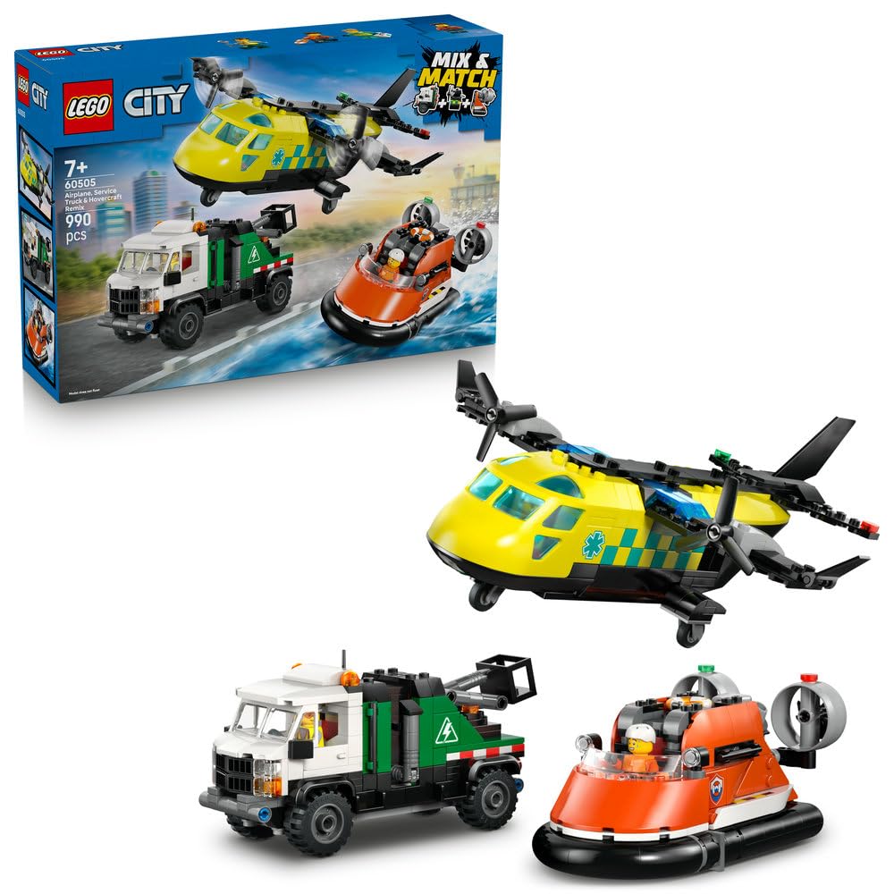 LEGO City Zestaw z samolotem, ciężarówką serwisową i poduszkowcem, interaktywne zabawki dla dzieci, modułowe pojazdy ratunkowe, prezent dla 7-latka na urodziny, dla chłopca i dziewczynki 60505