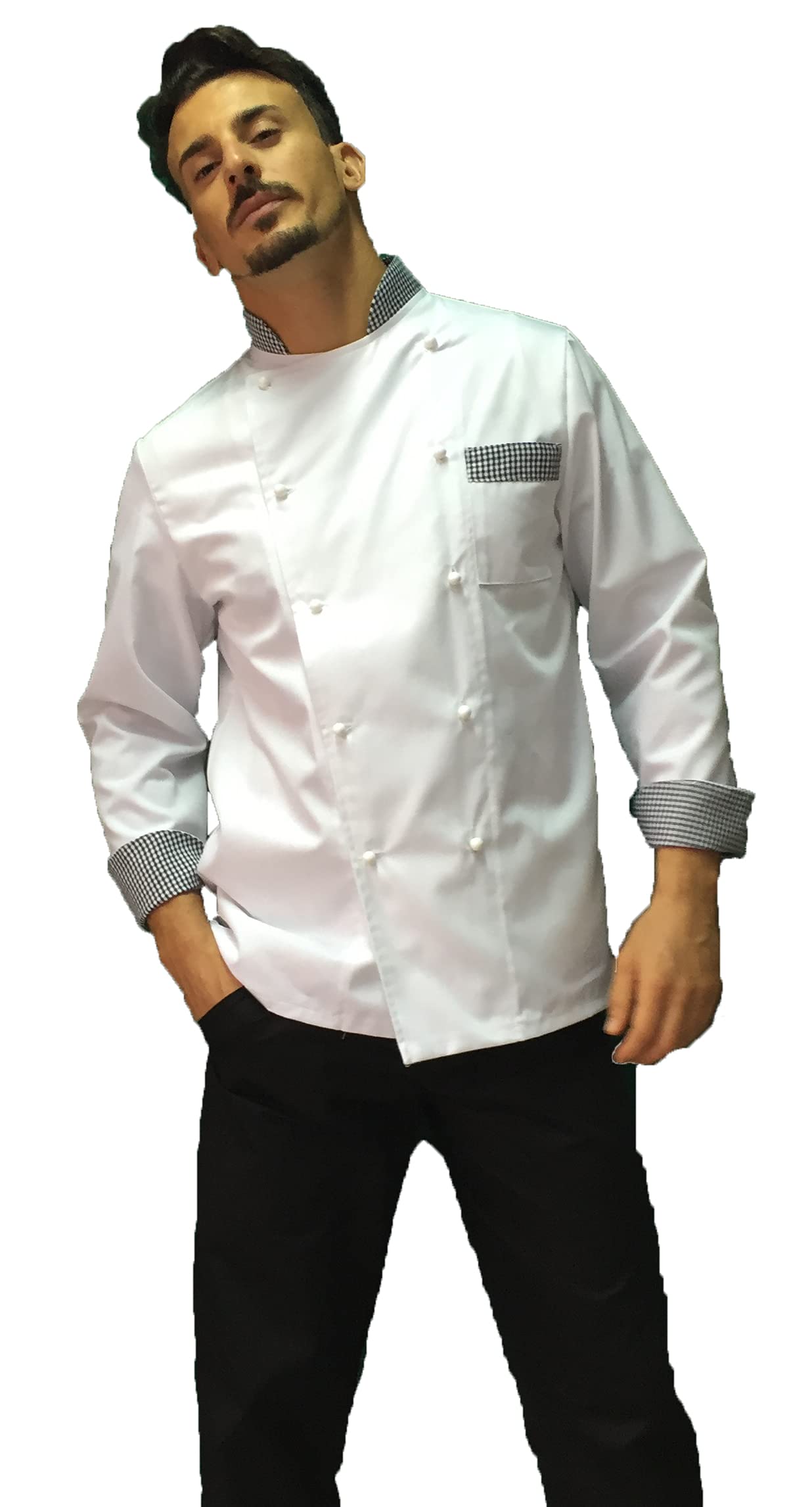 Ricamo Gratuito Completo Cuoco Uomo - Divisa Chef Bianca, Pied de Poule e Nera Personalizzabile - Giacca, Pantaloni e Grembiule - Uniforme per Cucina e Ristorante