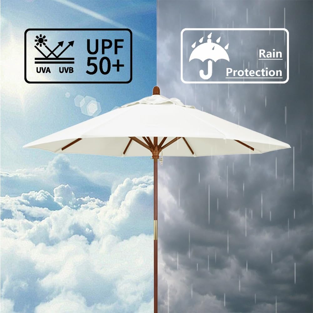 Sombrilla de patio impermeable resistente de 9 pies, redonda de 7 pies, sombrilla para exteriores con polea elevadora, poste de madera y 8 varillas resistentes para terraza, piscina, jardín, mercado