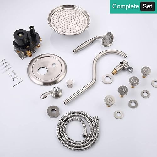 Miniatura 41 de Sistema de ducha antiguo de oro cepillado con chorros: Juegos de grifos de lluvia de 9 pulgadas Conjunto completo de cabezal de lluvia de pared