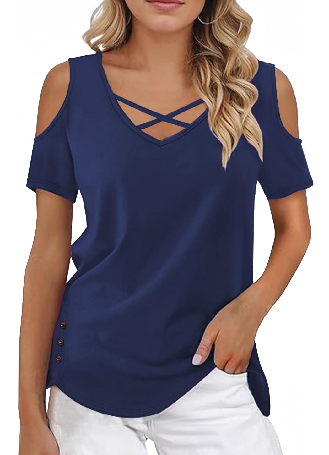 Rayson Camiseta Mujer Manga Corta Descubiertos para Mujer Top Tipo Túnica con Cuello En V de Verano Elegantes Básicas Top Casual para Verano