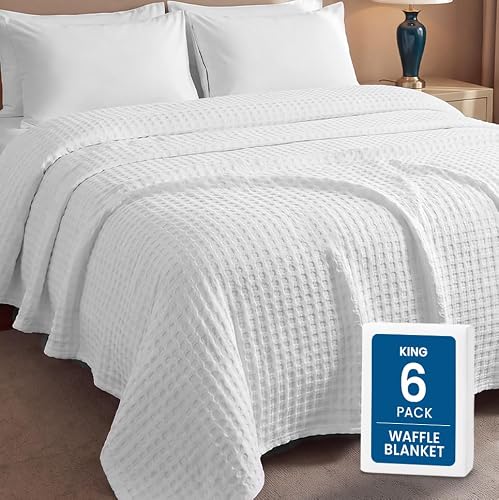 6-Pack King 100% Cotton Waffle Blankets, Bulk Box, Hotels & Resorts, White