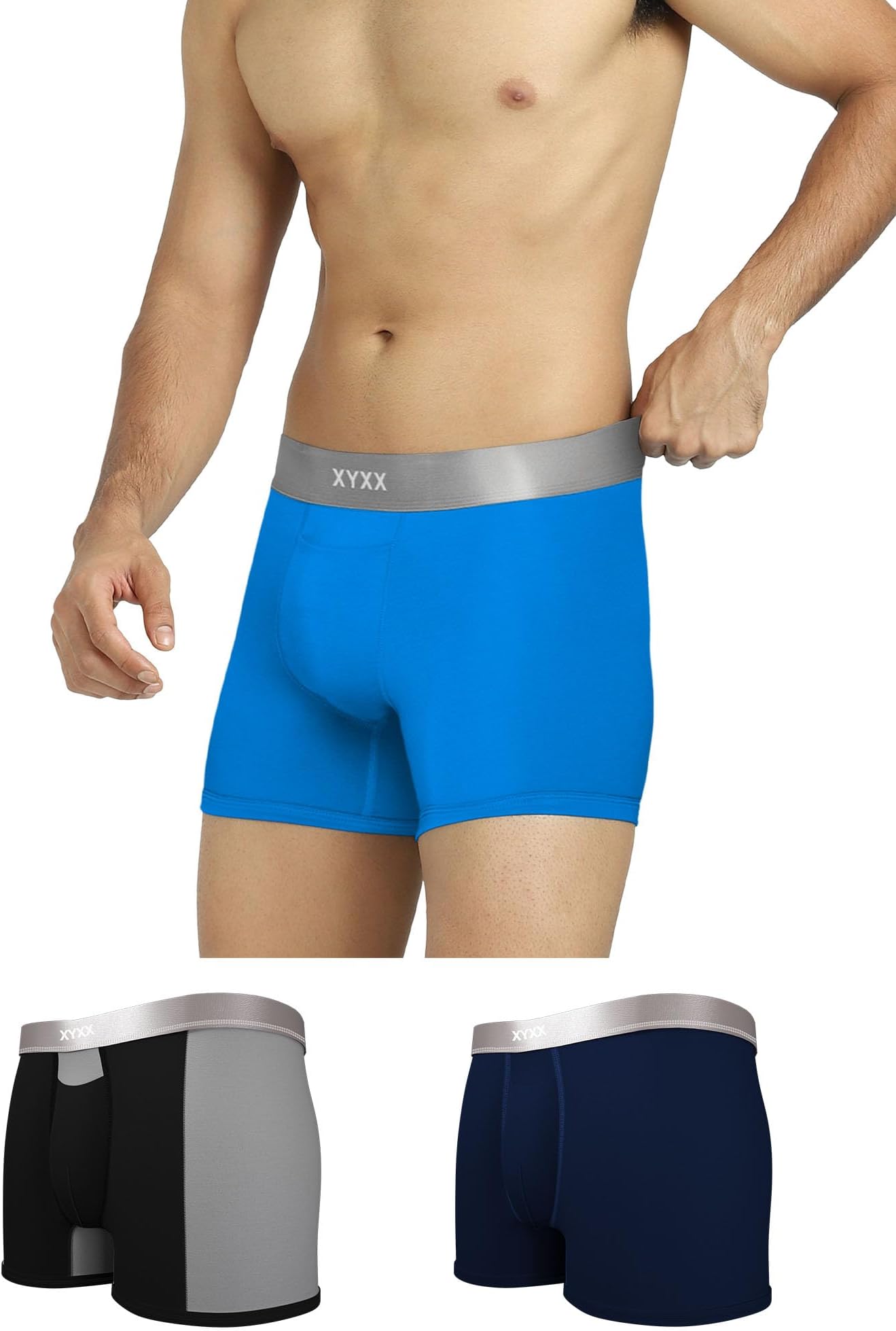 Men's Underwear Illuminati IntelliSoft Antimicrobial Micro Modal Trunk Pack of 3 (Black & Steel Grey ; Brilliant Blue ; Black Iris; S)