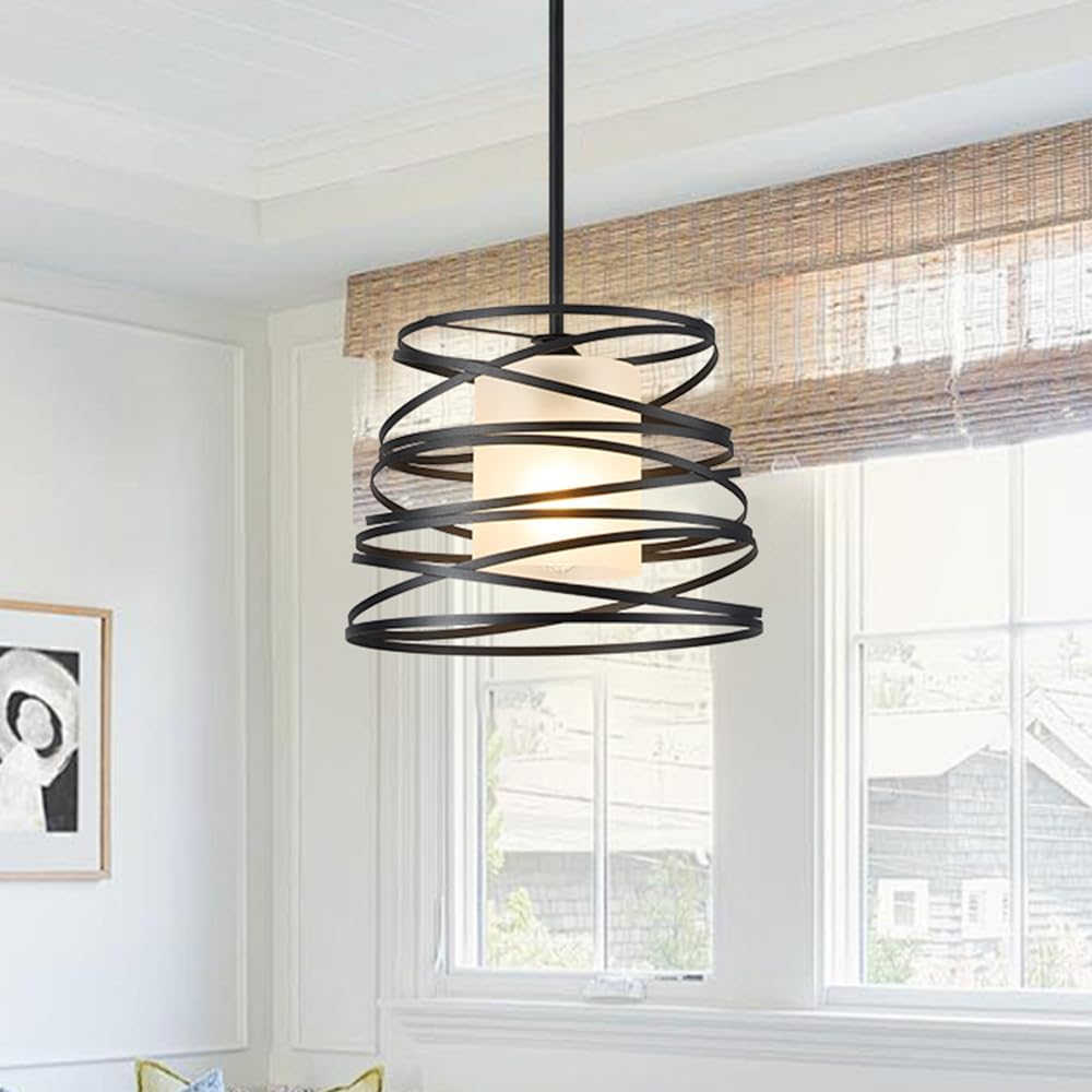 Frosted Glass Pendant Light Black Spiral Metal Cage Kitchen Island Pendant Light Cylindrical Hanging Lights Fixtures for Table Foyer Hallway 12inch
