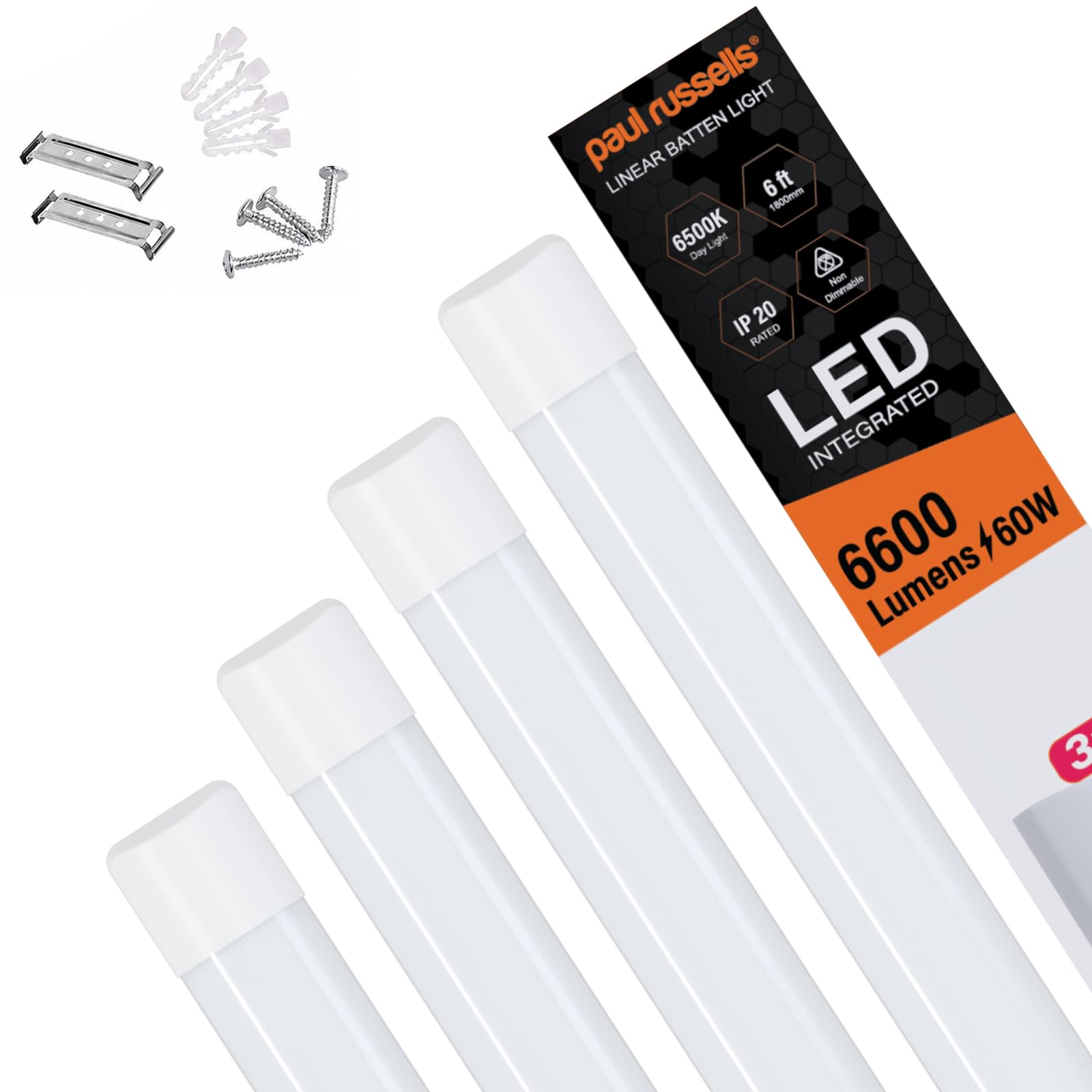 paul russells 6ft LED Batten Light, Ceiling Fitting Tube Light, 6500K Daylight, 60W, 6600 Lumens, Light for Office, Bathroom, Kitchen, Garage, Warehouse Fluorescent Lighting Replacement, 2 Packs