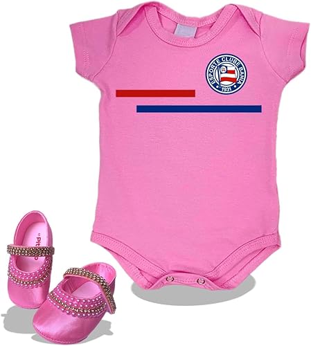 Roupinha de Menina Bebê Time Bahia Rosa 2 Peças: Body Bebe 100% Algodão Antialérgico + Sapatinho de Pérolas e Strass Customizado Manualmente