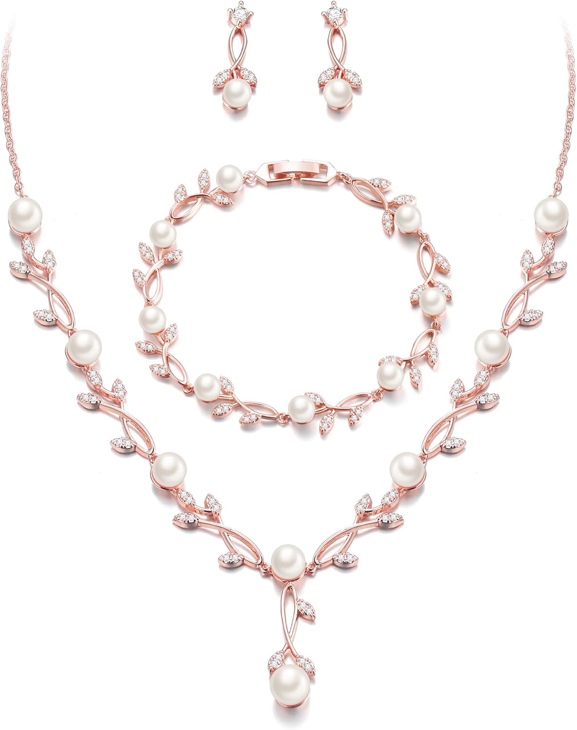 EVER FAITH Bridal Cubic Zirconia Jewelry Set for Women, White Simulated Pearl Leaf Vine Pendant Wedding Party Necklace Earrings Set for Bridesmaid Bride EVER FAITH Bridal Cubic Zirconia Jewelry Set for Women, White Simulated Pearl Leaf Vine Pendant Wedding Party Necklace Earrings Set for Bridesmaid Bride