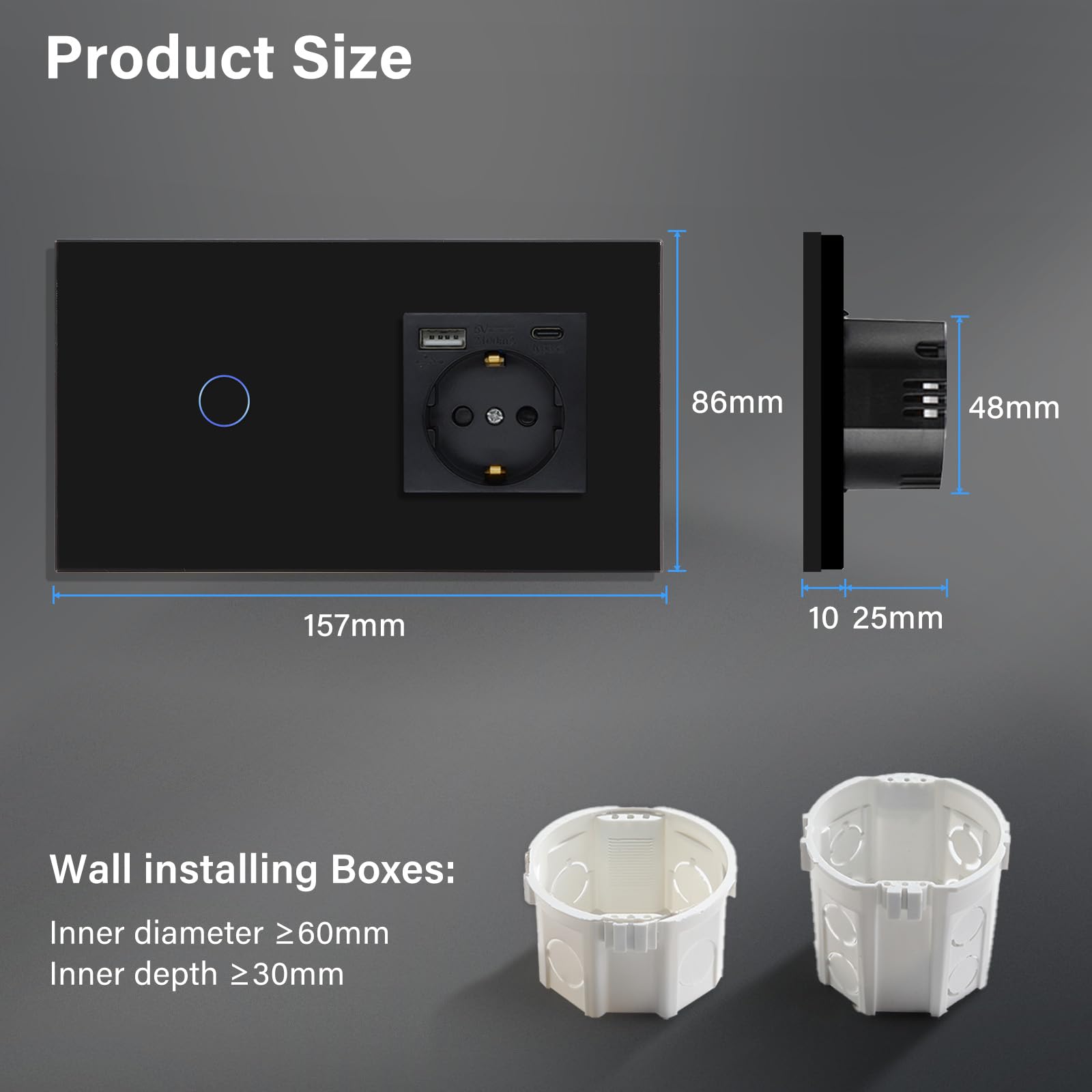 BSEED Interruptor táctil y enchufe pared,Toma de corriente con USB C,Panel de Vidrio con pulsador LED,Sin Función Wifi,1 Gang 1 Vía+1 Enchufe USB/Tipo C,157mm Negro - 5