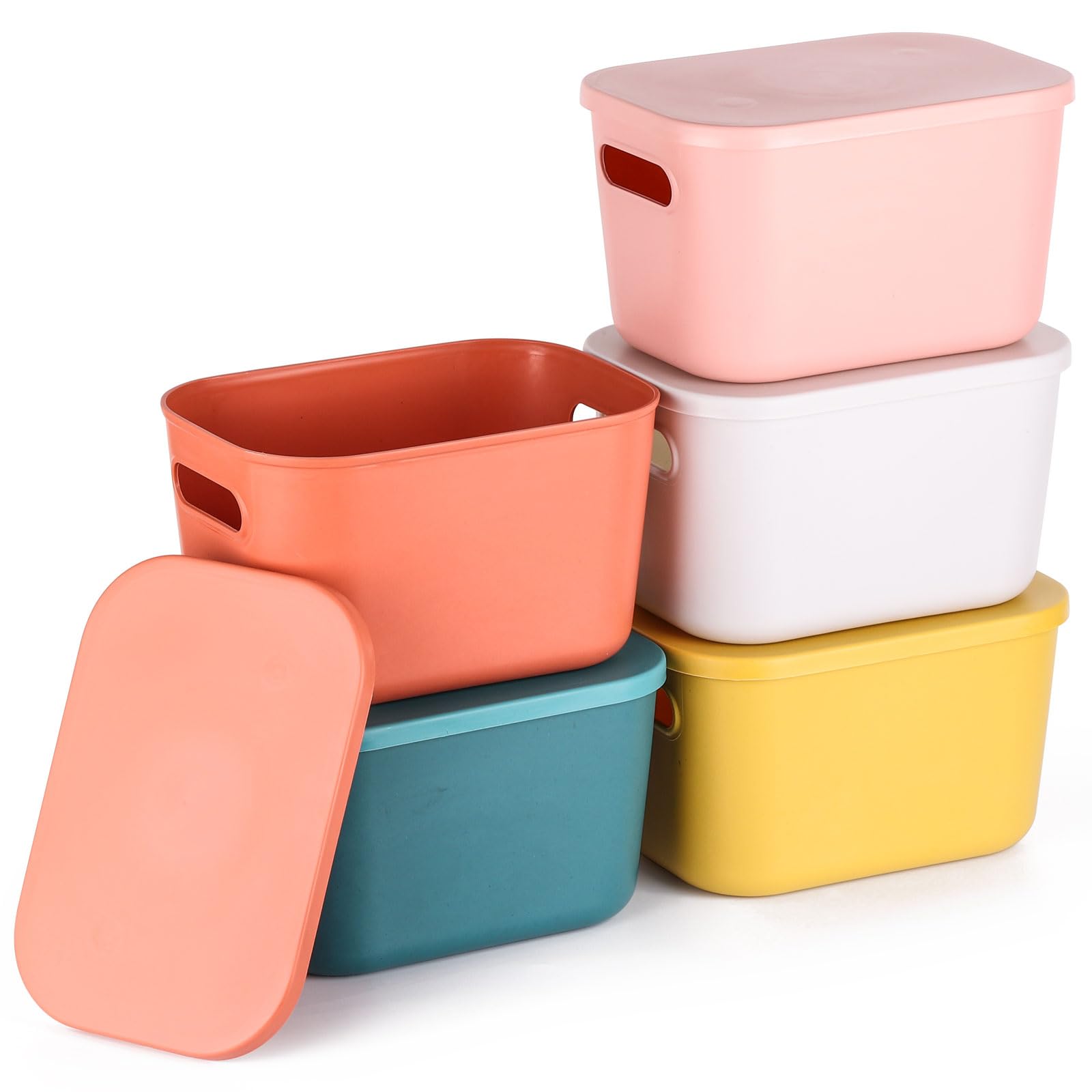 acDesign5Pcs Plastic Storage Bins With Lids Stackable Pantry Organizer Bins With Handle Organizer Bins for Kitchen,Cabinet Organization and Storage,Colorful