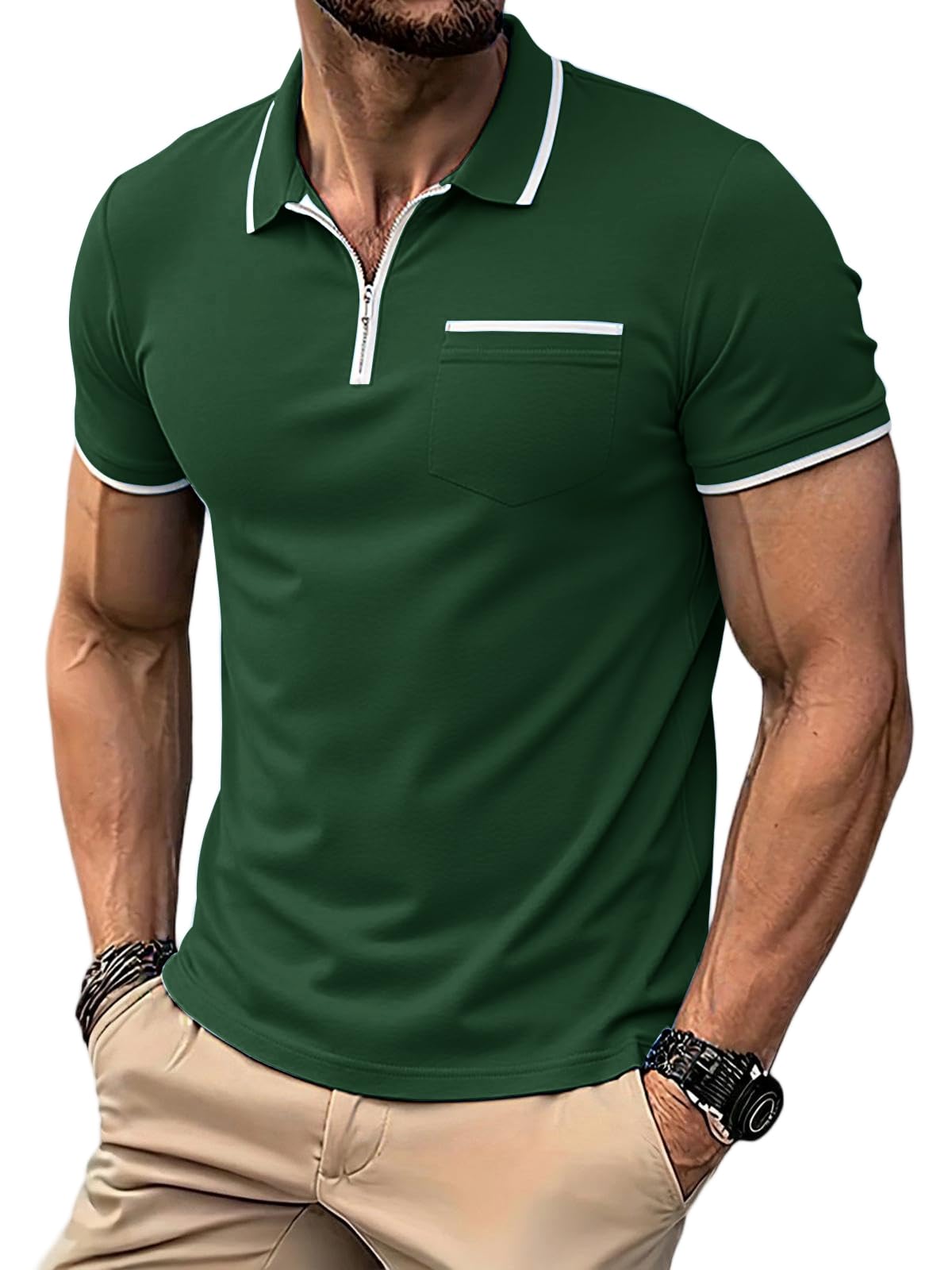 Runcati Herren Poloshirt Kurzarm Sommer Golf T-Shirt Einfarbig Slim Fit Polohemd Männer Casual Tennis Sport Shirt Basic Freizeit Poloshirts mit Reißverschluss