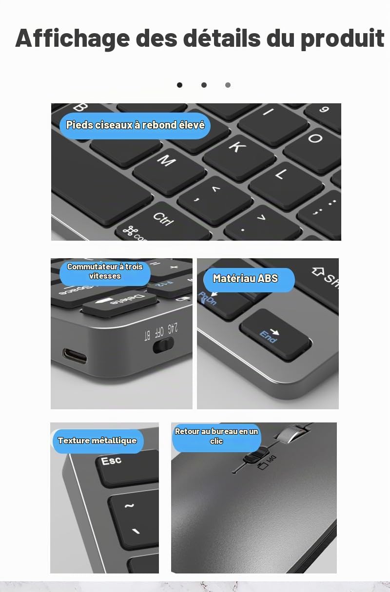 Ensembles Clavier et Souris sans Fil 2.4Ghz & 3 Bluetooth,Clavier Souris sans Fil Rechargeable Ultra-Fin Compact,Souris Silencieuse 3 D-PI Réglables,pour Ordinateur/PC/Laptop/Windows/Mac,QWERTY, Noir