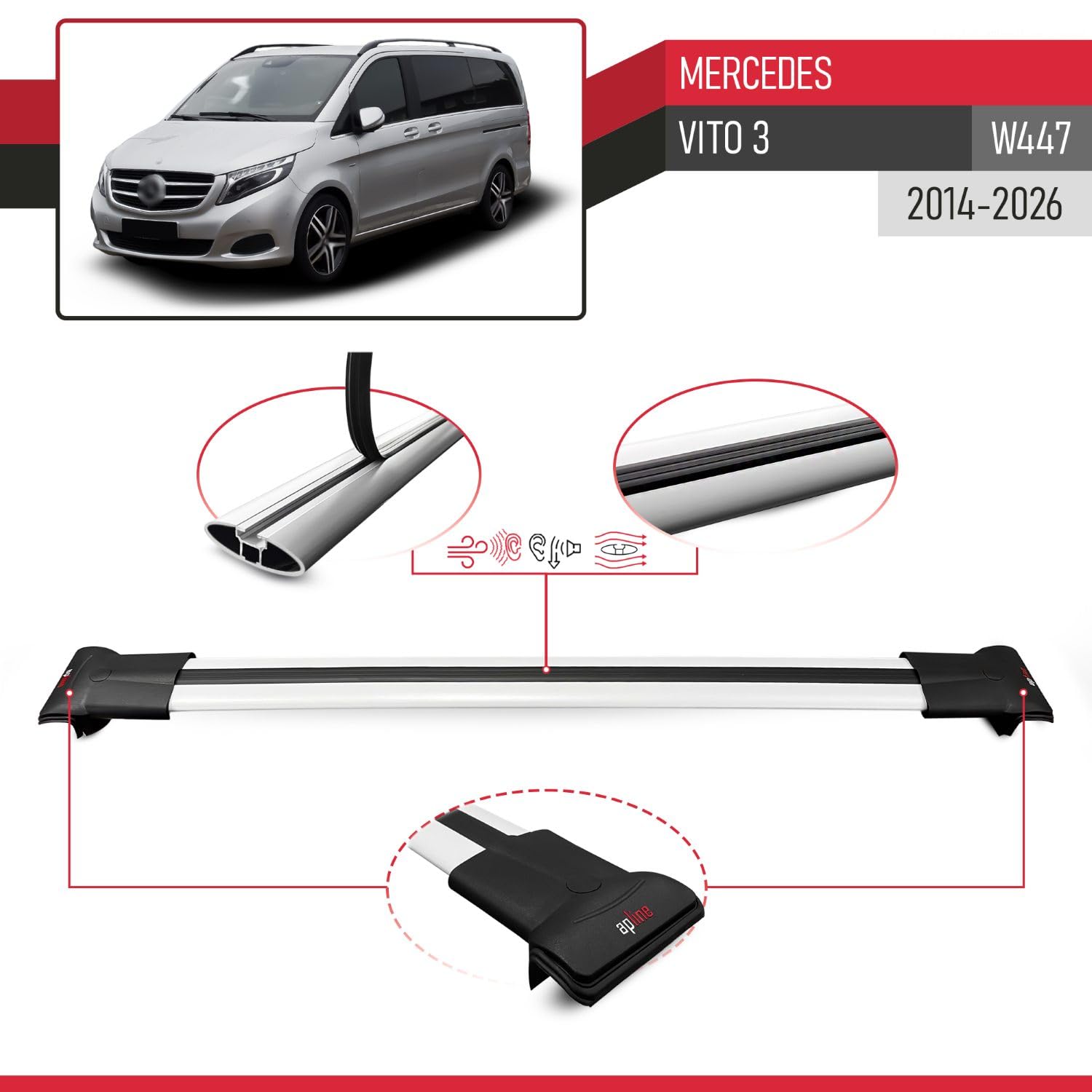Kompatibel mit Mercedes Vito (W447) 2014-2024 Relingträger Fly Modell Dachträger 4 Bars Gepackträger GRAU