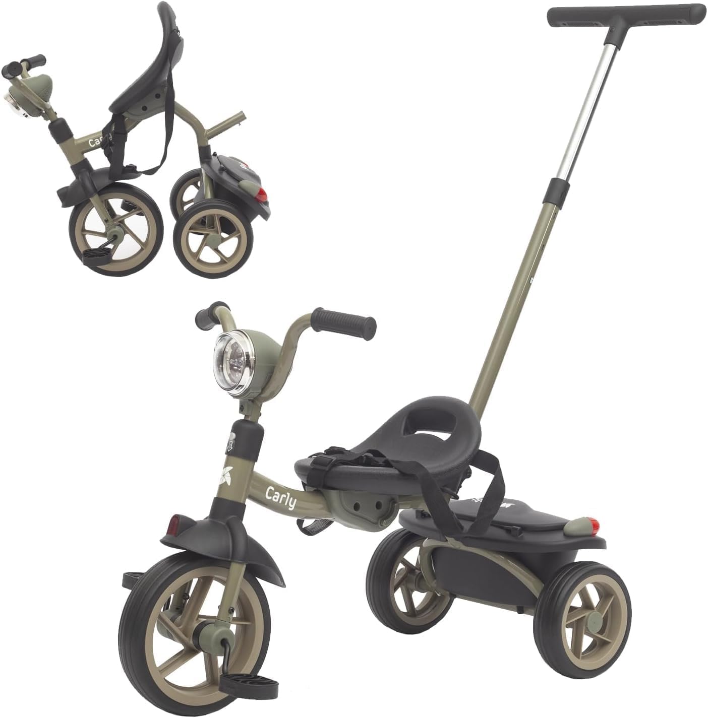 Twinly Carly - Foldable Toddler Tricycle for 1–5 Year Olds, Lightweight Kids Trike with Adjustable Parent Push Handle, Light & Sound Handlebar, Rear Storage Basket, Compact Outdoor Tricycle (Green)