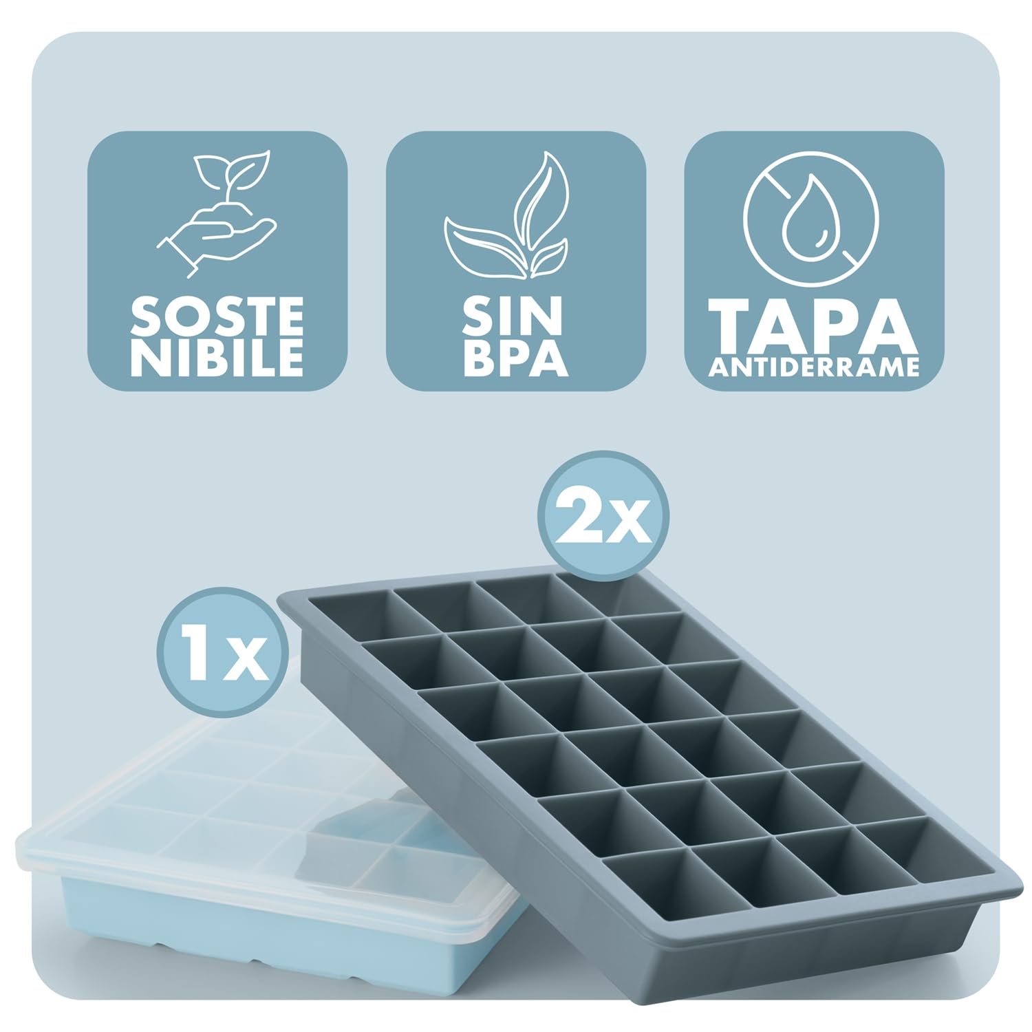Blumtal cubiteras para hielo Set de 3-24 hielos cubitera silicona con tapa - ice cube tray Forma Cubo - Sin BPA + Gris Azulado + Gris Azulado + Azul Claro