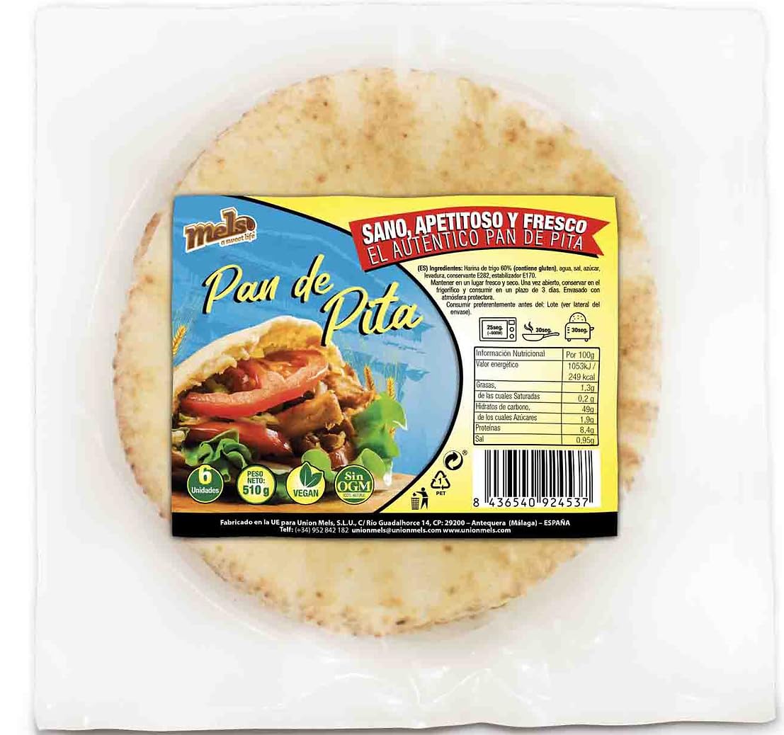 Mels Pan de Pita Auténtico, Harina de Trigo 60%, Vegan, Sin OGM, 6 Unidades por envase, 510g