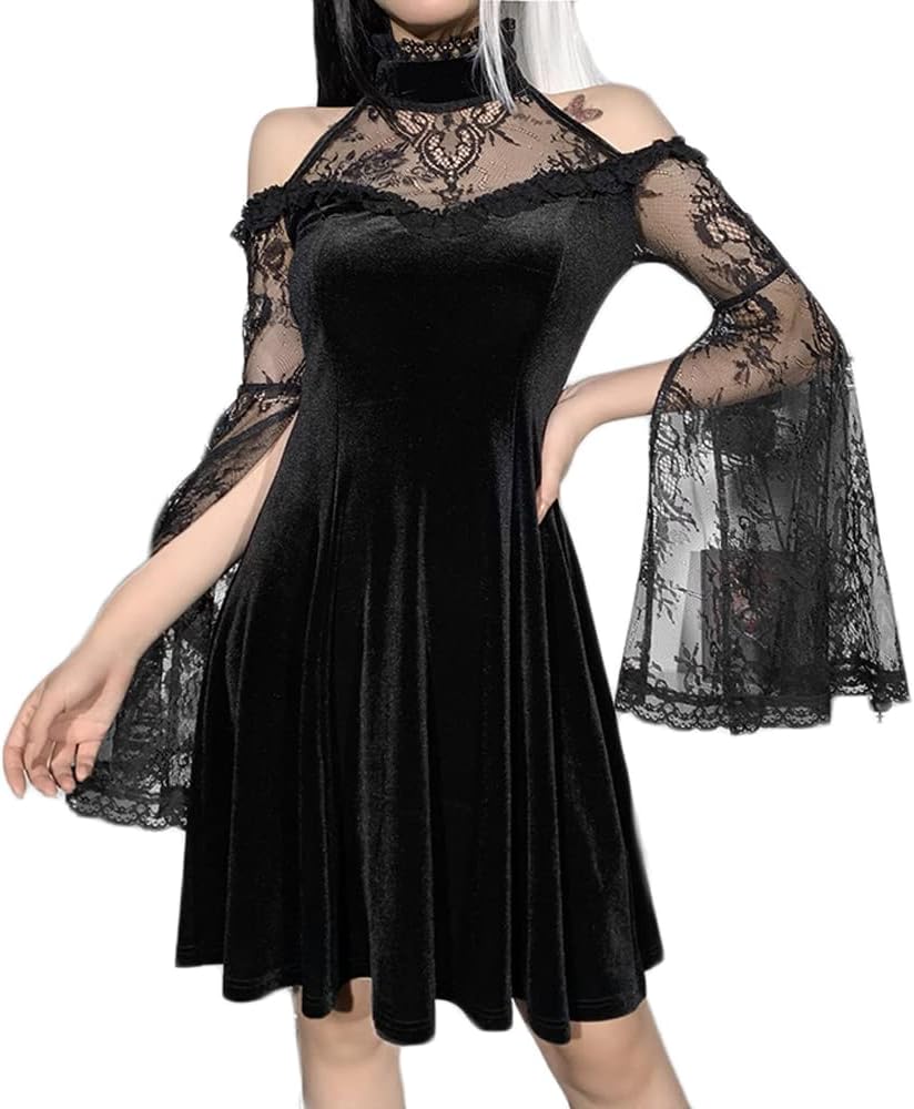 ゴスロリ風 レーススリーブ ワンピース 魔女風 ベロアドレス ダーク ゴシック V系 ロリータ 感謝価格 ロック パンク ビジュアル系 ｓ