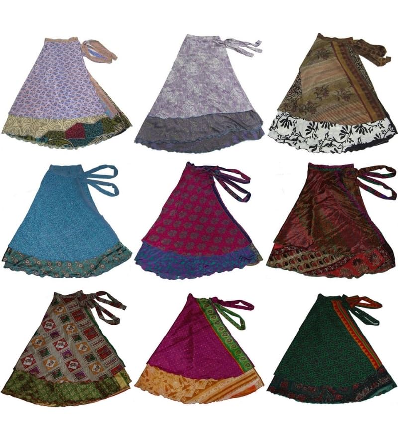 Wevez Women's Short Length Plus Size Sari Art Silk Wrap 3 Skirts Pack