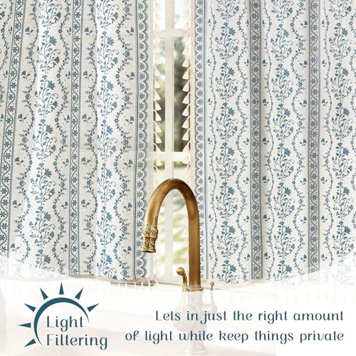 Image of Yinhua Boho Kitchen Curtains 36 Inch Length Vintage Linen Cafe Curtains Light Filtering Bohemian Floral Tier Rod Pocket Farmhouse Rustic Tassel Small Drapes with Tiebacks, 2 Panels, White Blue