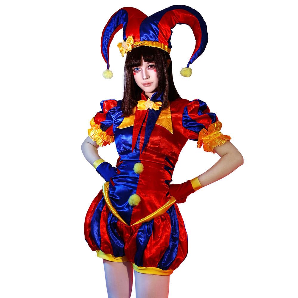 OTAKUDRAPE Women's Clown Costume Carnival Outfit Jumpsuit and Hat with Gloves and Socks Halloween Costume for Adult Women (Costume,XXL)