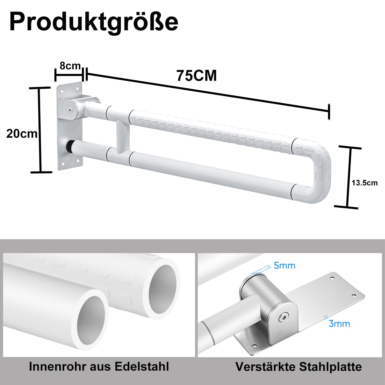 75cm WC haltegriffe, Faltbarer Stützleiste für Toilette und Badezimmer, Hartschaltsstütze 300~350 kg, Edelstahl mit ABS rutschfester Oberfläche für Senioren und Menschen mit Behinderungen