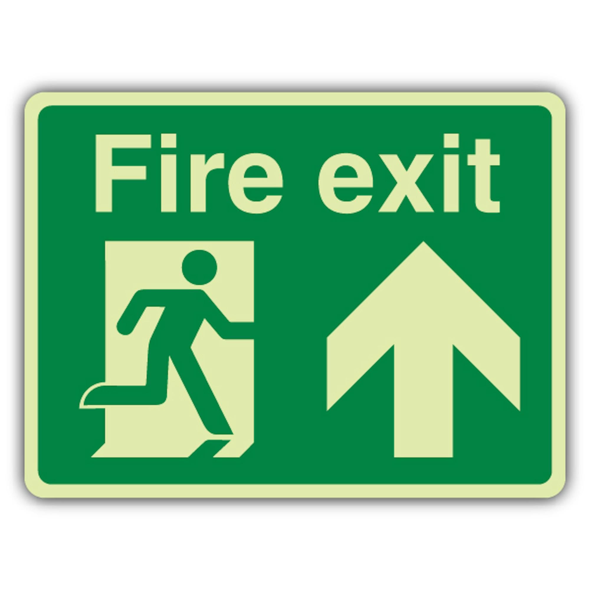 V Safety Glow In The Dark Fire Exit - Señal de seguridad con texto en inglés "Man Running Up", 600 x 450 mm, hecha de plástico rígido de doble brillo, señalización de seguridad contra incendios
