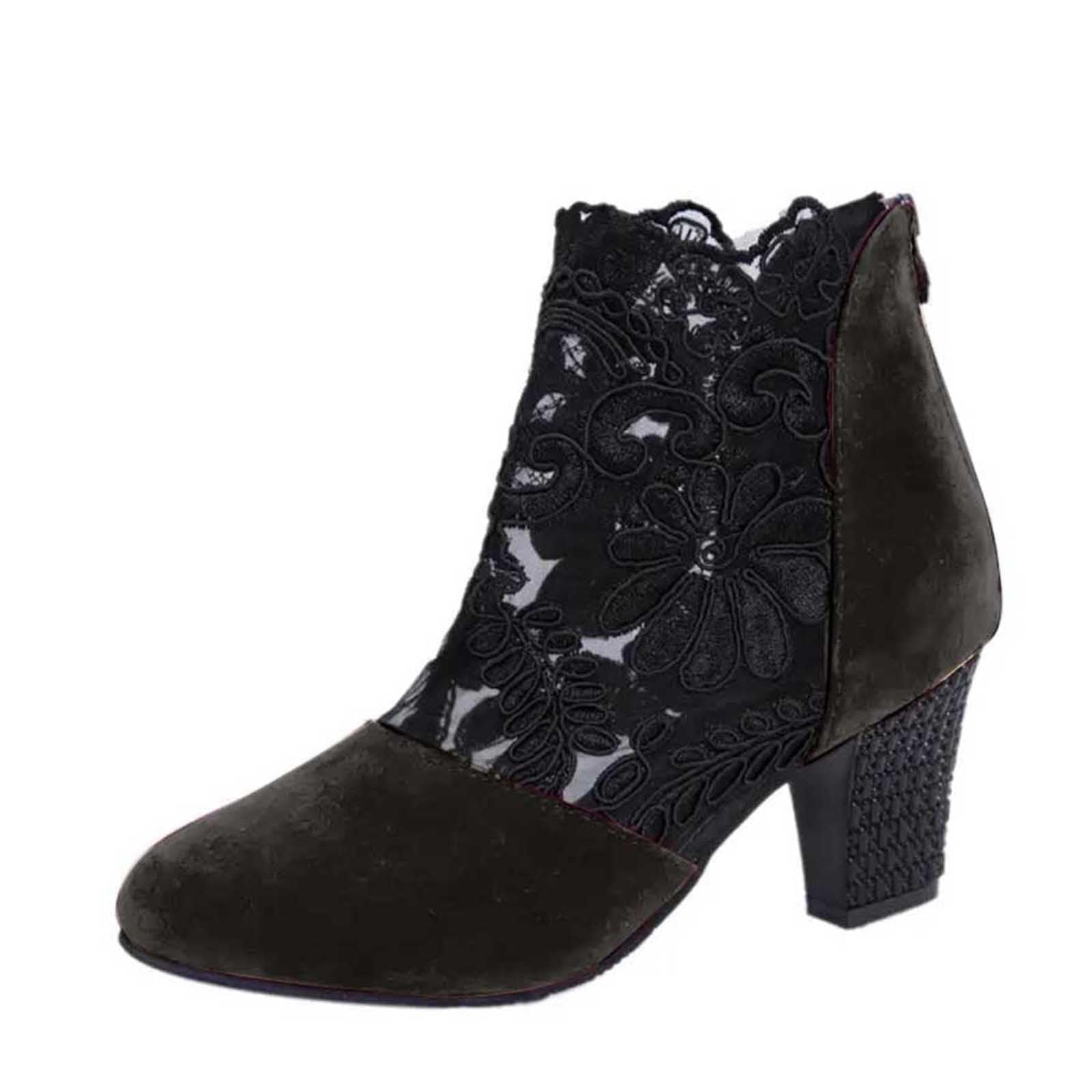 Womens Lace Mesh Ankle Boots Chunky Heel Breathable Zipper Short Boots Fashion Cutout Party Heeled Dressy Booties for