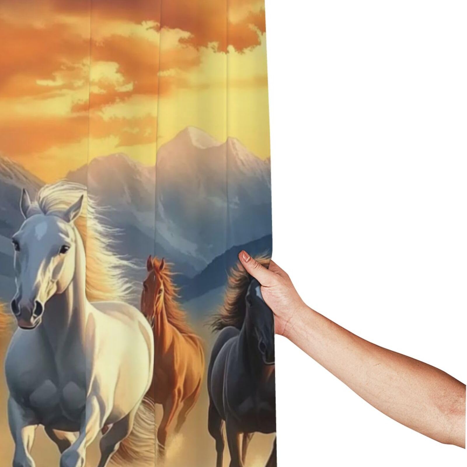 Majestic - Cortina de ducha con estampado de caballos galopantes al atardecer, 152 x 183 cm, tela de poliéster impermeable, decoración de bañera con 12 ganchos, secado rápido, lavable