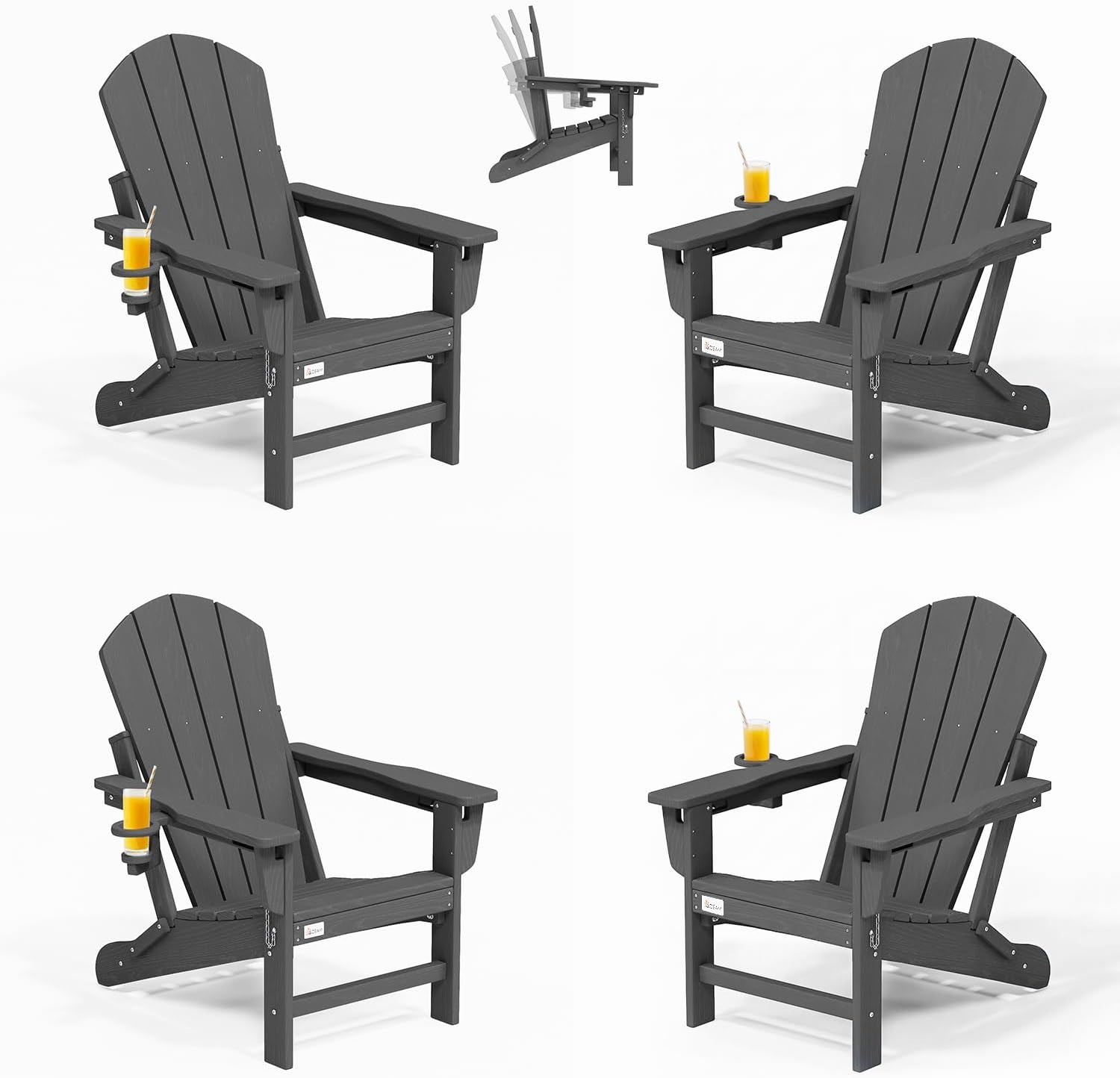 Mdeam 3-Position Adjustable Adirondack Chairs Set of 4, 400LBS Capacity, Cup Holder, Wooden Textured, All-Weather HDPE Folding Fire Pit Outdoor Chairs for Poolside Deck Patio Garden Yard Lawn - Grey