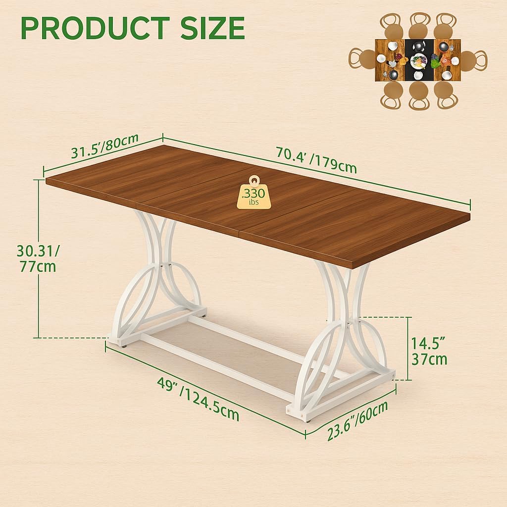 YITAHOME 70.3 Inch Modern Minimalist Dining Table for 6-8, Sturdy Wooden Table with Geometric White Metal Legs, for Dining Room, Kitchen, Conference Room