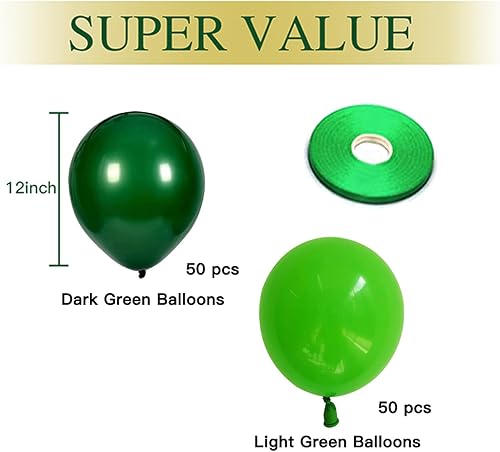 Miniatura 2 de Zesliwy Globos de látex verde para fiesta, 100 globos de color verde oscuro de 12 pulgadas y globos verde claro con cinta verde para fiesta de