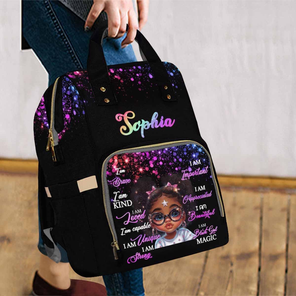 Customize Diaper Bag, Large Capacity Baby Bags with Name, Black Personalized Diaper Bag Fashion Backpack, Waterproof Daypack for New Born Baby Shower Birthday
