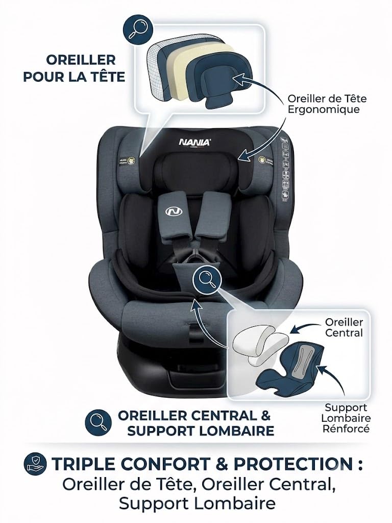 Nania, Parma, Siège auto, i-Size, Pivotant 360, évolutif, naissance et jusqu'à 12 ans environ, Groupe 0/1/2/3, 40-150 cm, Siège Auto ISOFIX, avec indicateur electronique d'installation, Inclinable