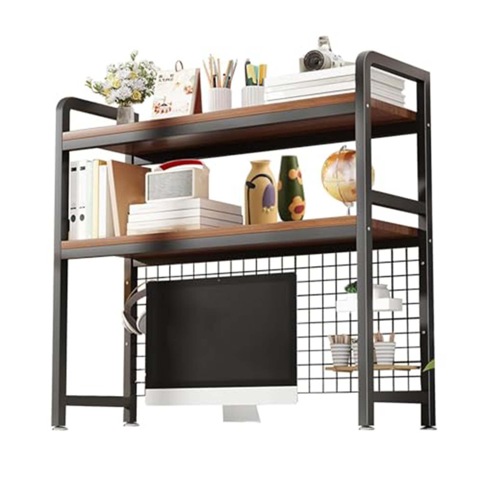 Guoddm Black 2-Tier Desktop Bookshelf, Metal/Wood Multipurpose Countertop Hutch Organizer Shelf, Desk Shelf Unit Office Storage Shelves Desktop Display Stand(,95Cm)