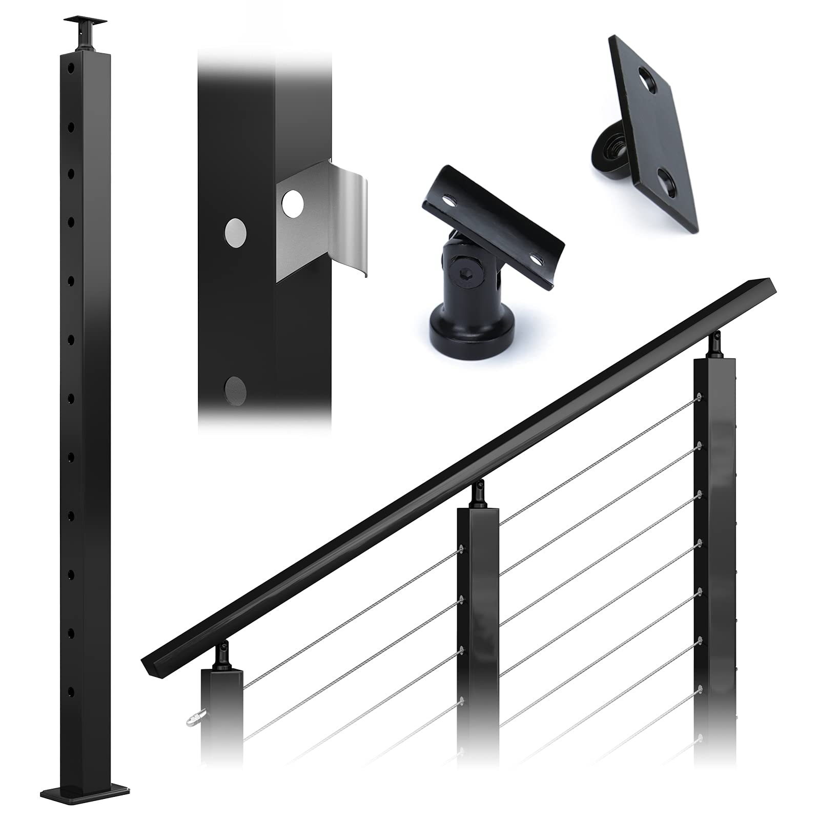 Muzata Cable Railing Post Black Stair 42"x2"x2" Stainless Steel Square Pre-Drilled 30 Degree Angle Holes Weldless PS01 BA4L, PT1 PT3 PT6