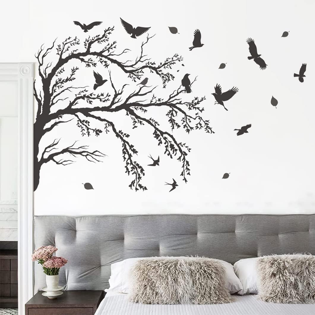 Black Tree Branch Flying Birds Wall Decal 44" × 31" DIY Birds Leaves Wall Stickers Peel & Stick Removable Vinyl Art Decals for Living Room Bedroom TV Background Wall Decor