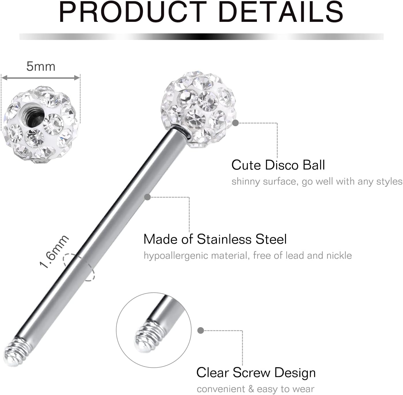 Incaton 14G 5 Pairs Nipple Rings Tongue Ring Surgical Steel Nipplerings Retainer Piercing Women Silver Straight Barbells 12mm-18mm - Image 3