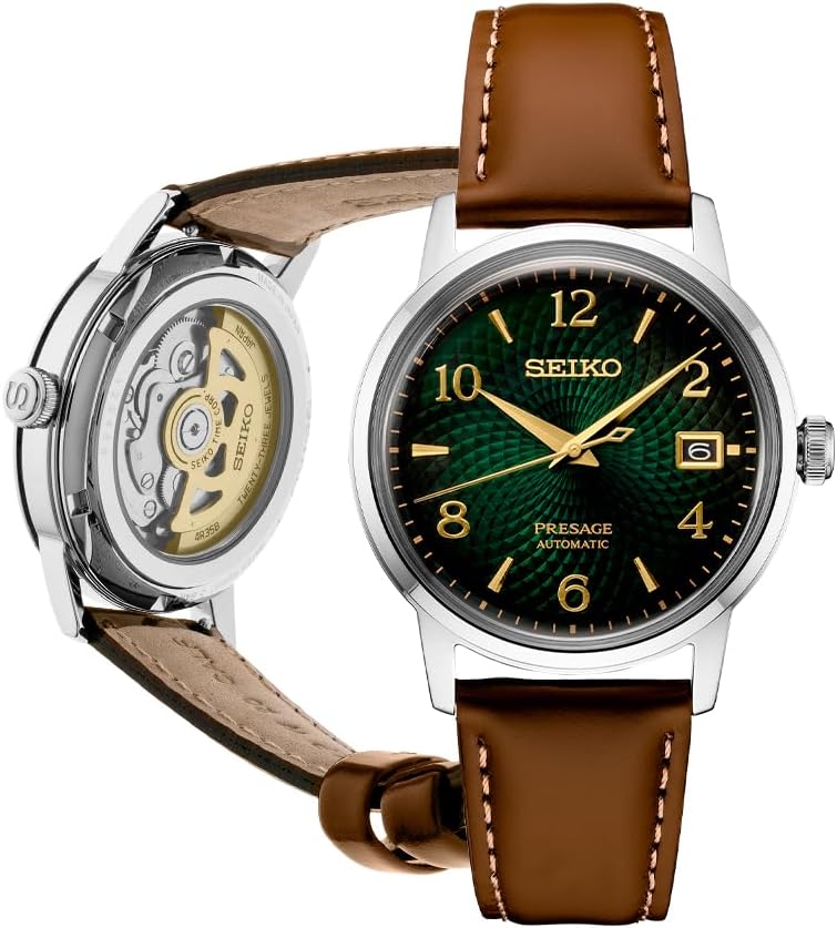 Automatic Watch for Men - Presage Cocktail Time - Patterned with Golden Numerals and Date Calendar, 50m Water-Resistant