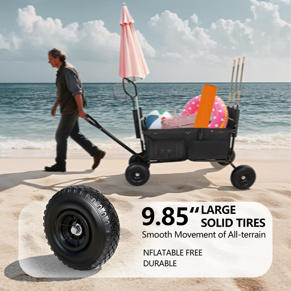 Heavy-Duty All-Terrain Utility Wagon with 9-Inch Pneumatic Tires for Sand, Grass, and Gravel – Foldable Steel Frame Cart for Outdoor Transport (Black + Steel-3)