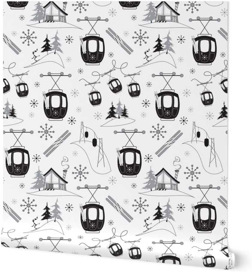 Spoonflower Peel & Stick Wallpaper Swatch - Vintage Ski Gondolas Monochrome Retro Winter Holiday Alpine Skiing Custom Removable Wallpaper