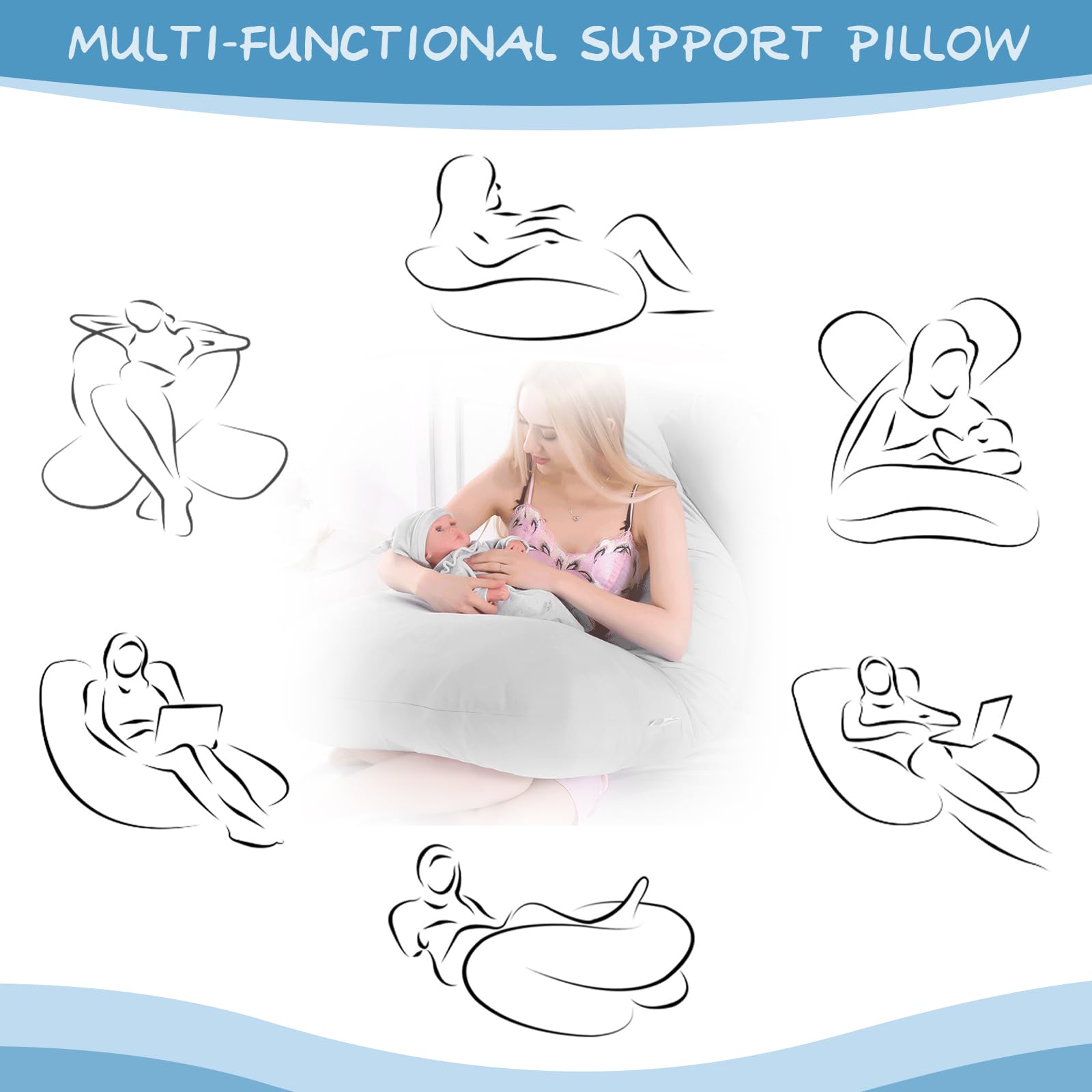 Almohada para Embarazadas, Almohada de Embarazo, Almohada de Cuerpo Completo en Forma de U, Almohada de Lactancia con Funda de 100% Algodón Extraíble y Lavable,145x70 cm(Gris)