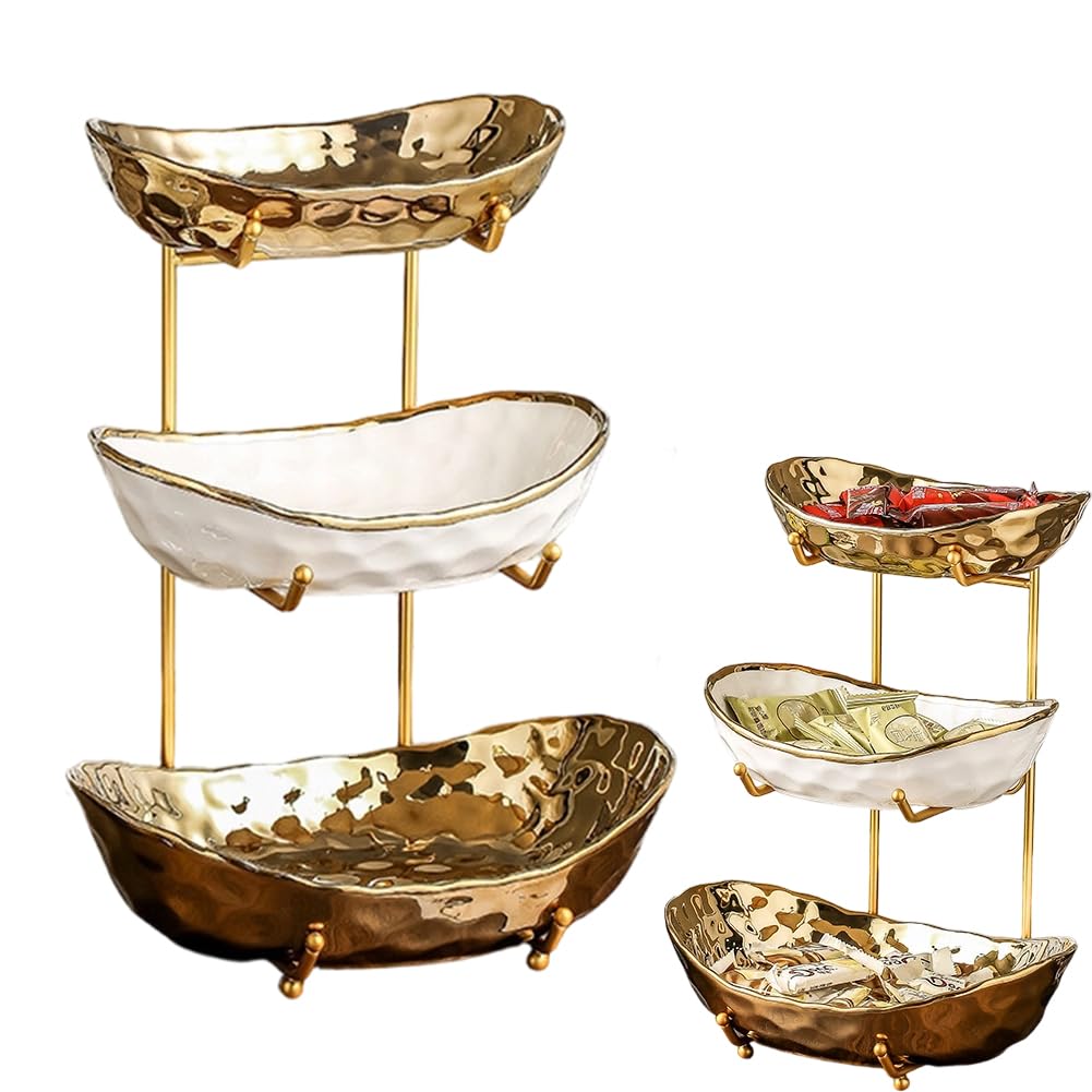 Corbeille à fruits, à 3 couches, en céramique, avec structure en métal, présentoir élégant pour servir des fruits, des légumes et des collations, bol décoratif pour cuisine et salon (trois couches de