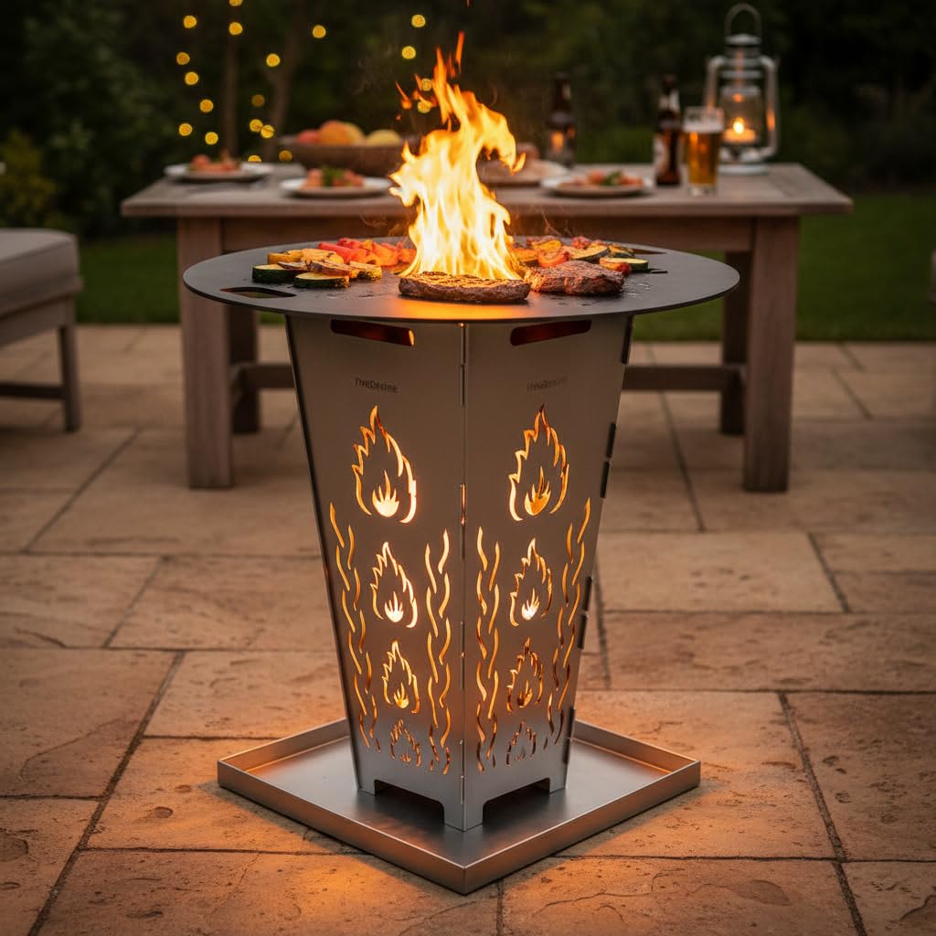 FireDesire Feuerkorb 80 cm mit massiver Grillplatte und Ascheschale, Feuerschale mit Grillplatte für Garten und Terrasse, Made in Germany