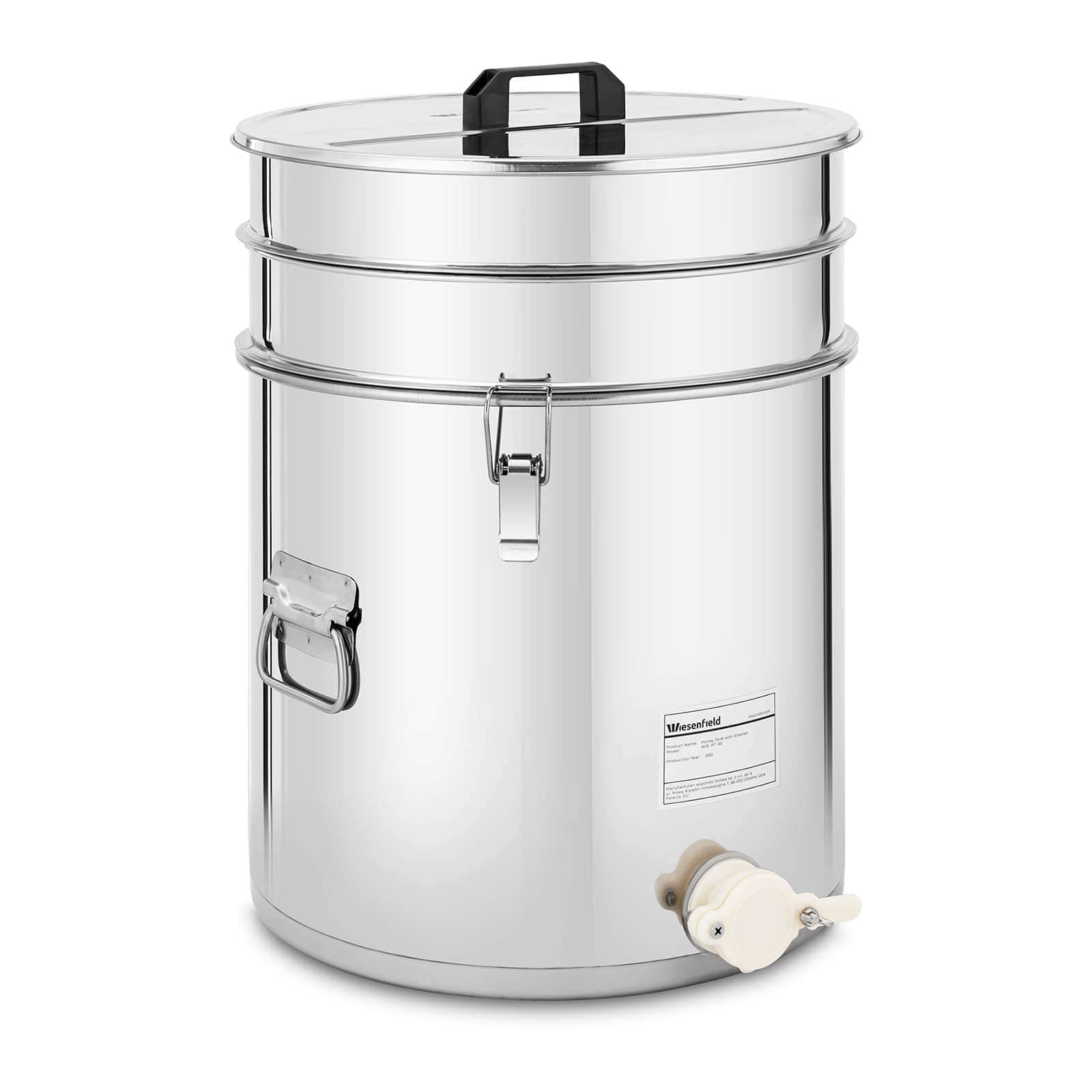 WIE-HT-30 Maturateur miel 30 L avec tamis, couvercle et robinet à clapet Inox Maturateur miel inox Maturateur à miel - -