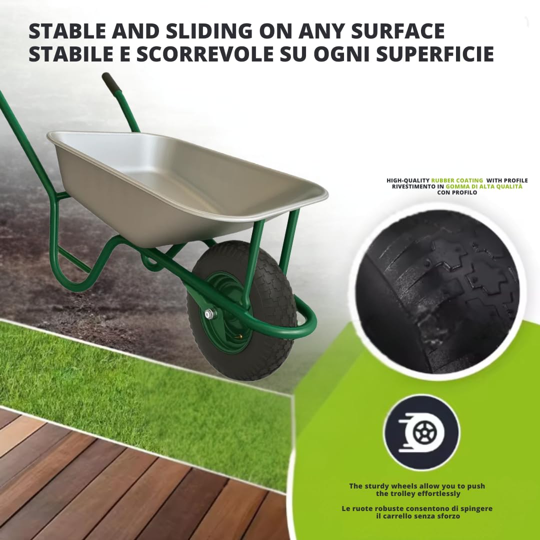 Brouette de Jardin 75L - Cadre en Acier galvanisé, Roue pneumatique 4.00-8 avec Chambre à air, Charge 100 kg - Idéal pour Chantier, pelouse, Ciment