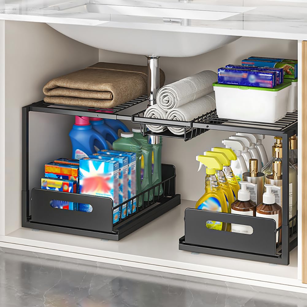 YunNasi Organizador Bajo Fregadero, Armario 2 Niveles Metal Altura Ajustable Estantería Bajo Fregadero, Bandeja Extraible Mueble Almacenaje para Cocina Baño (Negro, A-Estilo)