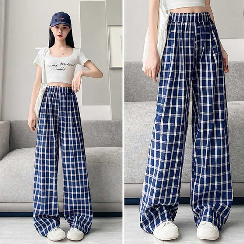 Navy Plaid Wide-Leg Pants for Women - Thin Lightweight High-Waist Straight Trousers, Lazy Chic & Drapey4